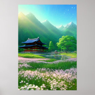 Poster Temple japonais et fleurs roses
