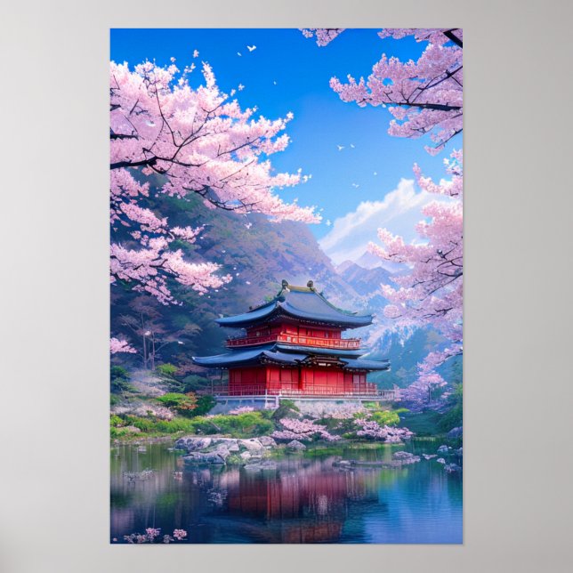 Poster Temple japonais traditionnel au bord du lac de Cal (Devant)