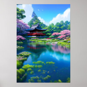 Poster Temple traditionnel au bord du lac