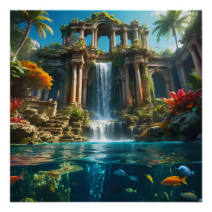 Poster Temple Tropical Cascade Lac des Poissons