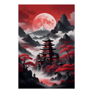 Poster Temples japonais dans les montagnes brumeuses