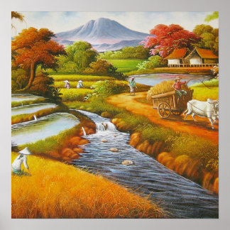 Poster Temps de récolte : Un paysage rural avec une monta