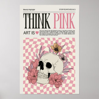 Poster tendance Pense Pink Wall Art, Poster crâne