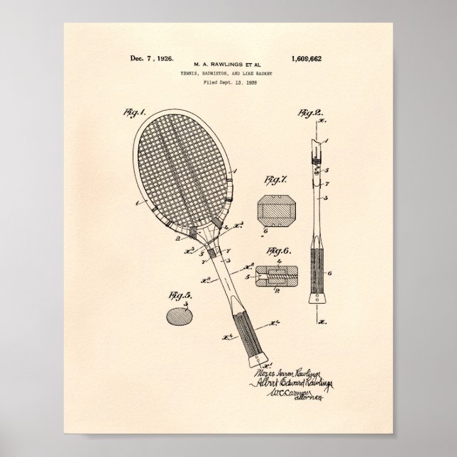 Poster Tennis Racket 1925 Art Brevet Vieux Poivre (Devant)