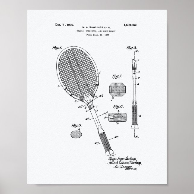 Poster Tennis Racket 1925 Brevet Art Livre blanc (Devant)