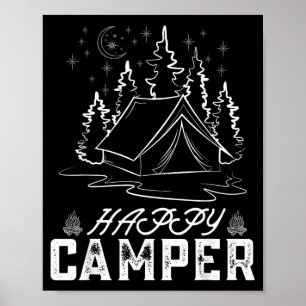 Poster Tente de campeur heureux rétro Forêt de pins Nuit