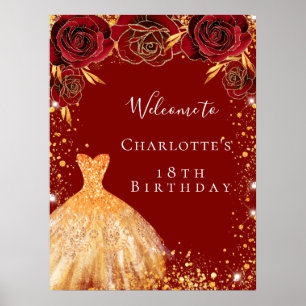 Poster Tenue de fête d'anniversaire rouge or floral bienv