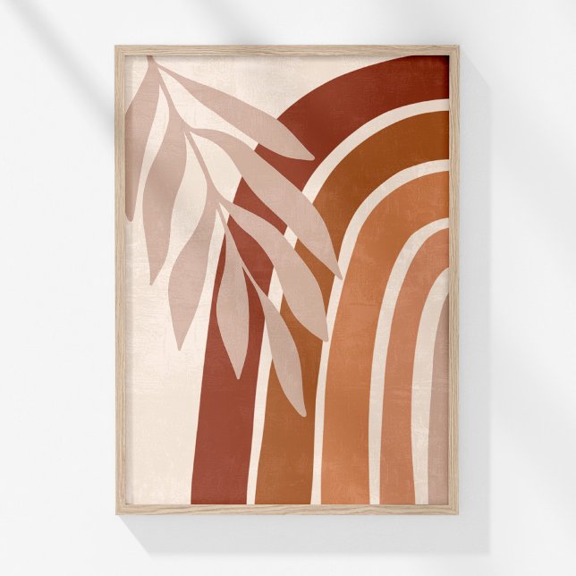 Poster Terracotta Burnt Orange Abstrait Rainbow Wall Art (Boho Muted Neutral Abstract Rainbow and Leaves Art Poster in a wooden frame on a sunny white wall.)