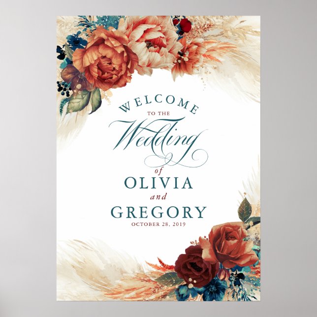 Poster Terracotta et Turquoise Blue Floral Mariage Accuei (Devant)