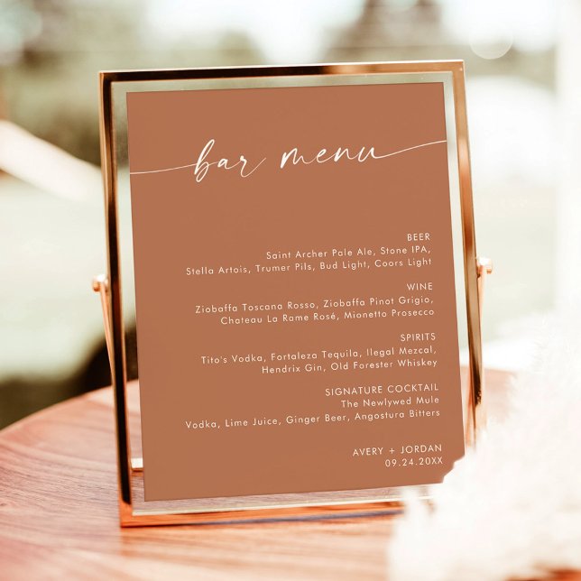 Poster Terracotta Minimalist Mariage Bar Menu, Menu Boiss (Créateur téléchargé)