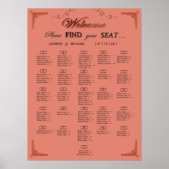 Poster Terracotta Rust Alphabetical Wedding Seating Chart (Devant)