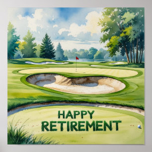 Poster Terrain de golf avec texte Happy Retirez sur vert
