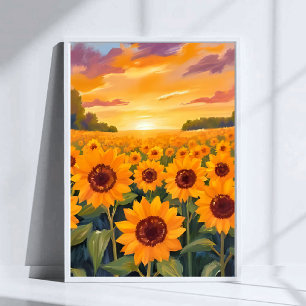 Poster Terrain de tournesol Coucher de soleil Peinture pa