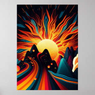 Poster Terre futuriste et soleil Line Art Rétro 3