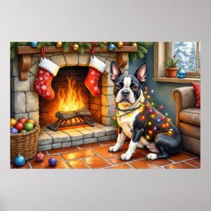 Poster Térrier de Boston cheminée avec lumières de Noël