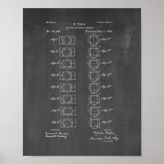 Poster Tesla Electro-magnétique Moteur Brevet - Chalboard (Devant)