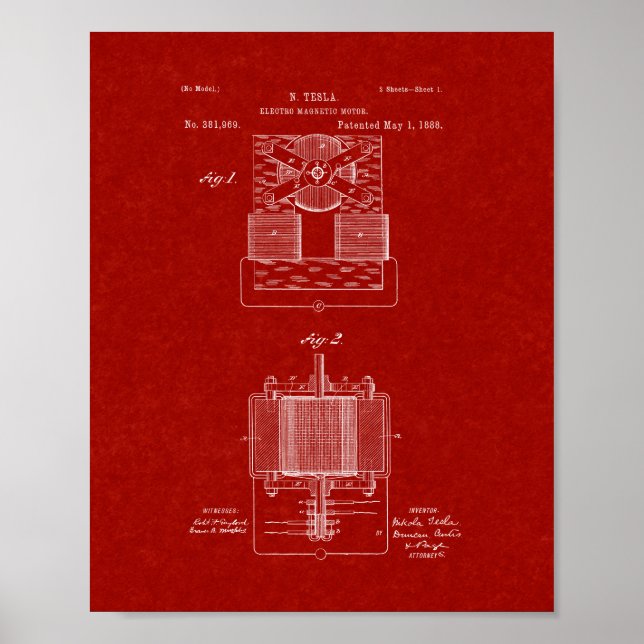 Poster Tesla Electro-magnétique Moteur Brevet - Rouge Bou (Devant)