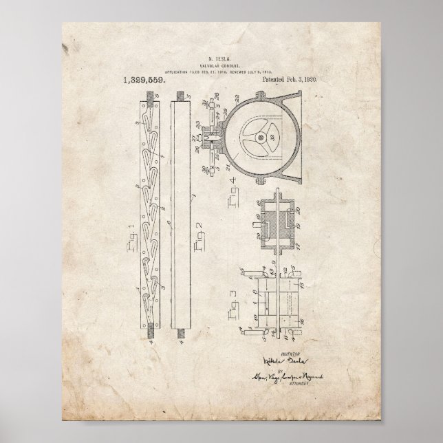 Poster Tesla Valvular Conduit Brevet - Vieux look (Devant)