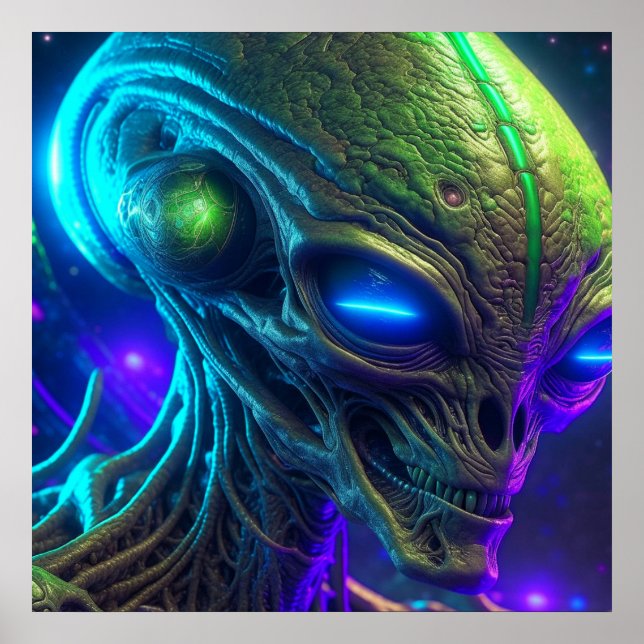 Poster Tête Alien déplaisante aux yeux bleus brillants (Devant)