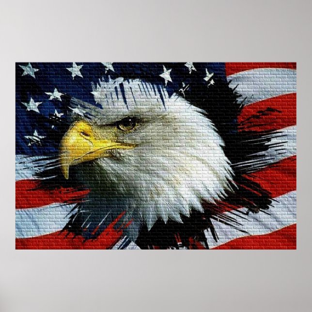 Poster Tête de Bald Eagle avec un drapeau américain derri (Devant)