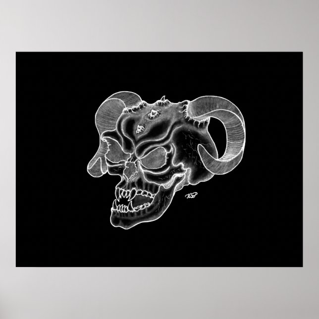 Poster Tête de diable crâne noir et blanc (Devant)