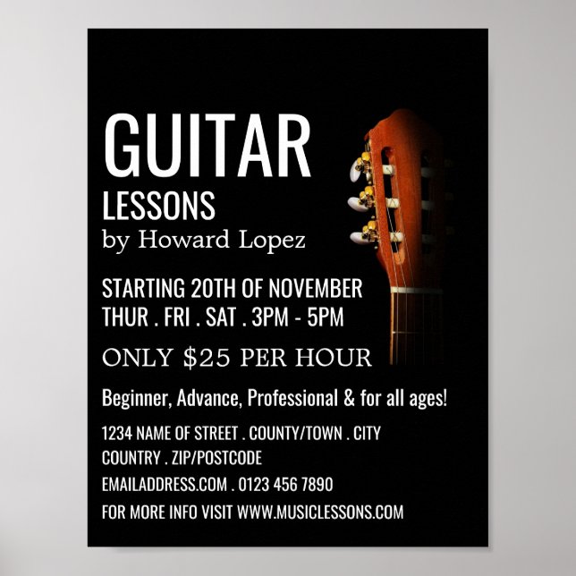 Poster Tête de guitare, leçons de guitare publicité (Devant)