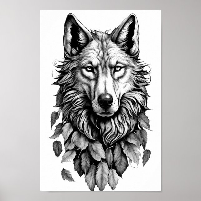 Poster tête de loup animal feuille dessin d'art original (Devant)