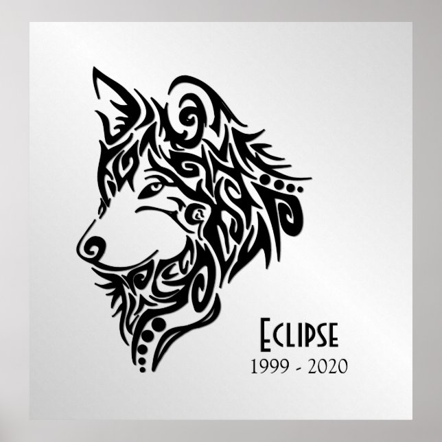 Poster Tête de loup noir avec nom et date (Devant)