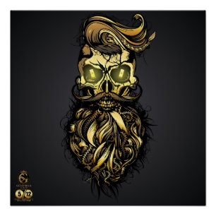 Poster Tête de mort hipster skulls barbu or moustachu