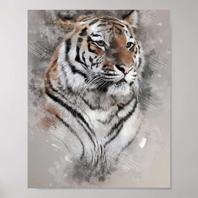 Poster tête de tigre majestueux aquarelle peinture à l'hu (Devant)
