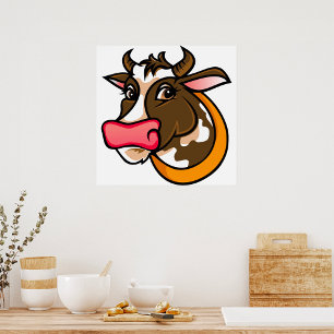 Poster Tête de vache brune joueuse avec nez rose