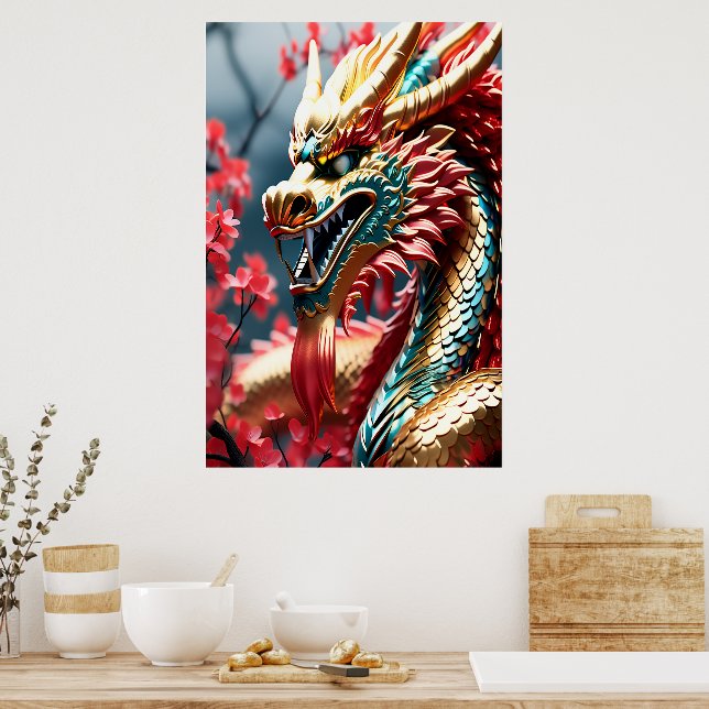 Poster Tête d'or du dragon à respiration par feu (Cuisine)