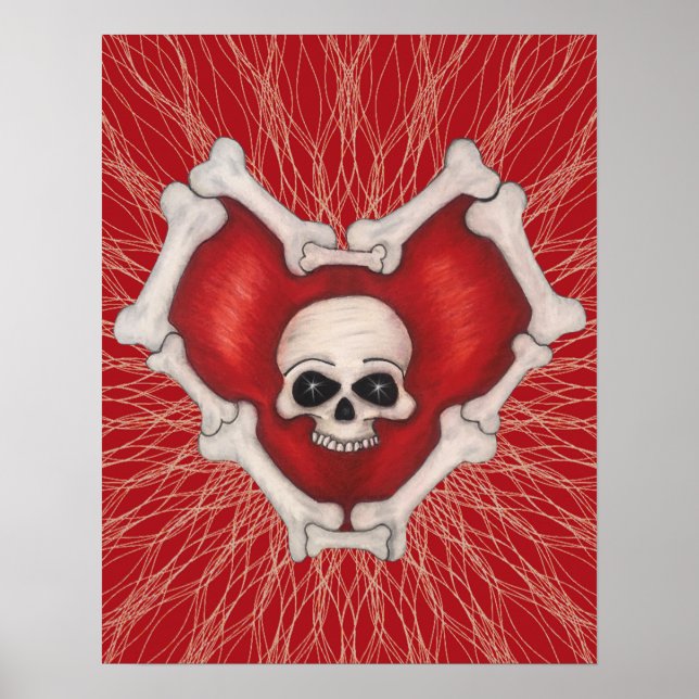 Poster Tête rouge gothique avec crâne osseux sur des lign (Devant)