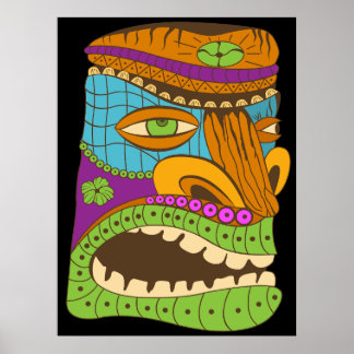 Poster Tête Tiki colorée dans l'humeur exotique, Noir