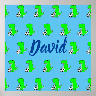 Poster Tête Vert Soccer Dino T-Rex Sur Bleu