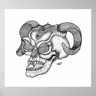 Poster Teufelschädel schwarz weiß Zeichnung