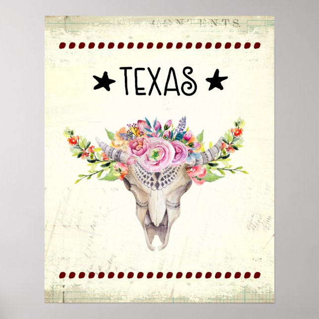 Poster Texas Boho Crâne de vache avec fleurs chic tendanc (Devant)