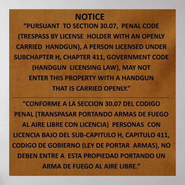 Poster Texas Gun Law - Adobe - Open Carry (Devant)