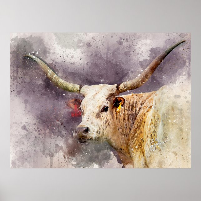 Poster Texas Longhorn Aquarelle photo Art fin Abstrait (Devant)