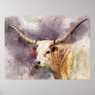 Poster Texas Longhorn Watercolor Fine Art Photographie