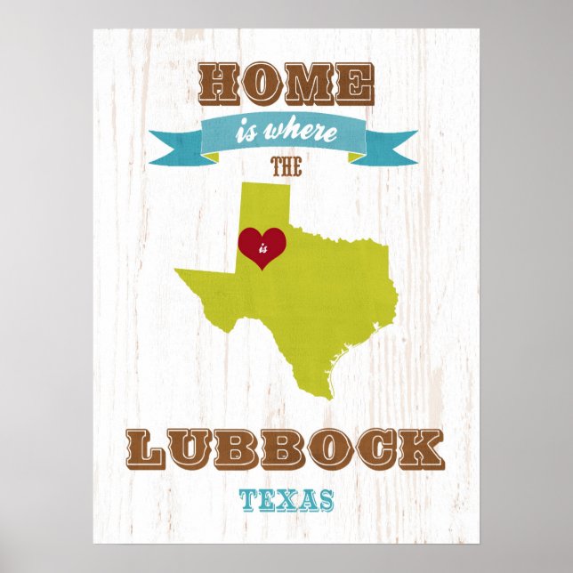 Poster Texas State Map Art - Love Lubbock Art (Devant)