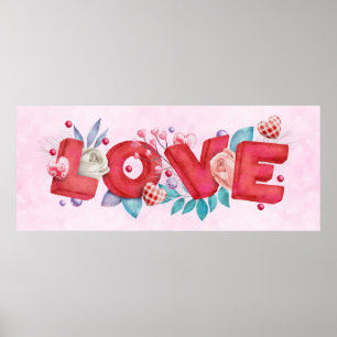 Poster Texte d'amour rouge dans l'aquarelle de police de