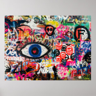 Poster textile floral bleu et rouge