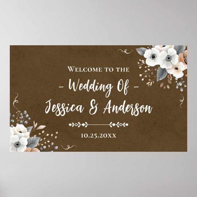Poster Texture de papier kraft faux mariage floral rustiq (Devant)