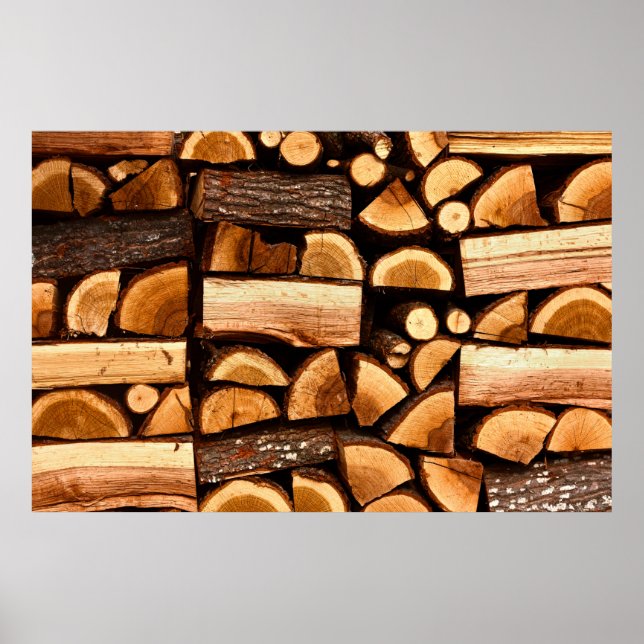 Poster Texture. Pile de bois de feu haché stocké, hiver (Devant)
