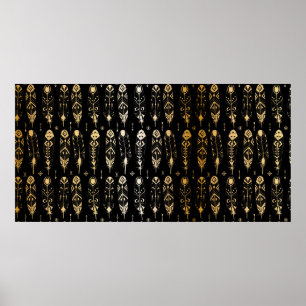 Poster Textured golden feathers in tribal style. Seamless