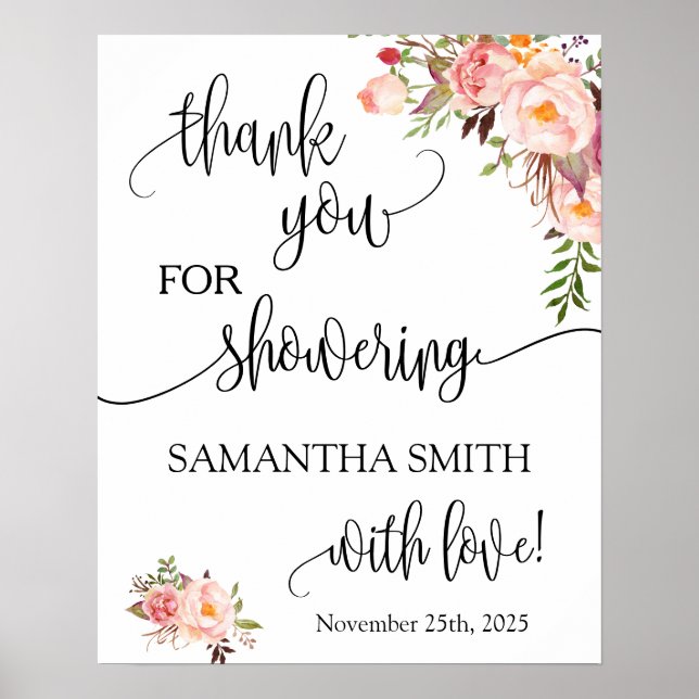 Poster Thank you for showering bride to be pink floral (Devant)