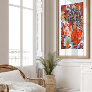 Poster Thankesgiving automne feuilles fille orange
