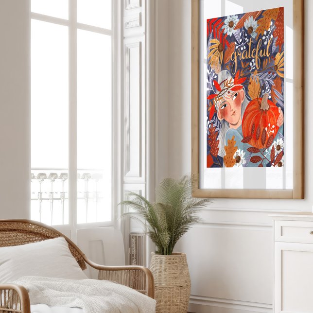 Poster Thankesgiving automne feuilles fille orange (Thanksgiving autumn leaves girl orange poster)