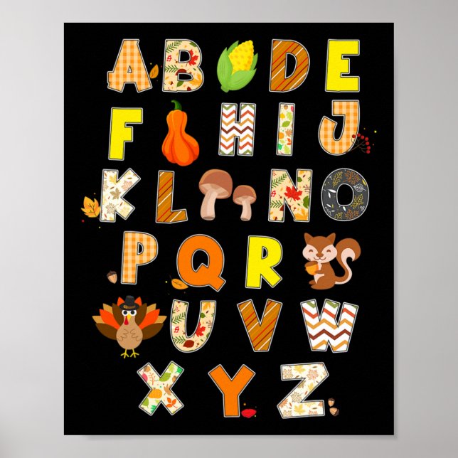 Poster Thanksgiving Alphabet Funny Turkey Fall Preschool (Devant)
